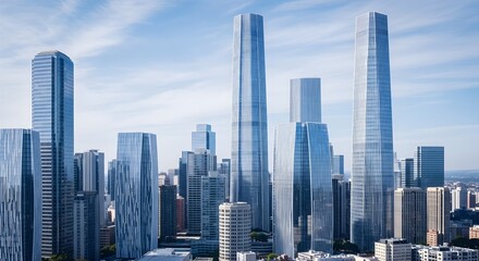 A modern city skyline showcasing towering skyscrapers under a bright, sunny sky.