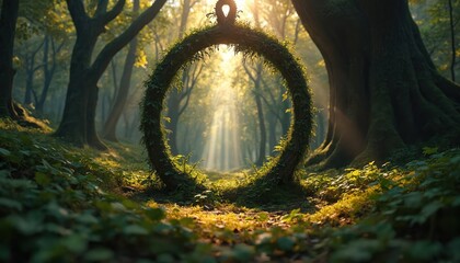Enchanted forest portal, dark fairy tale atmosphere. Mystical circle of vines, branches, overgrown with moss, frames sunbeams piercing dense green plants. Dreamy, surreal woodland scene inviting