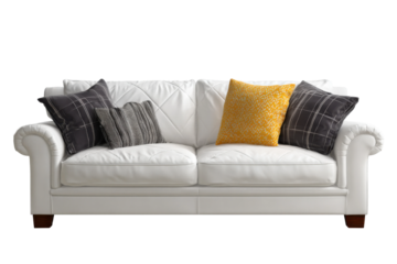 Elegant white sofa with colorful cushions in modern living room. Isolated on transparent background, png.