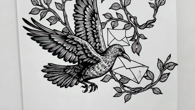 Ink drawing of flying crow carrying letters through vine branches with intricate detail and black linework, symbolic monochrome tattoo-style illustration on clean background