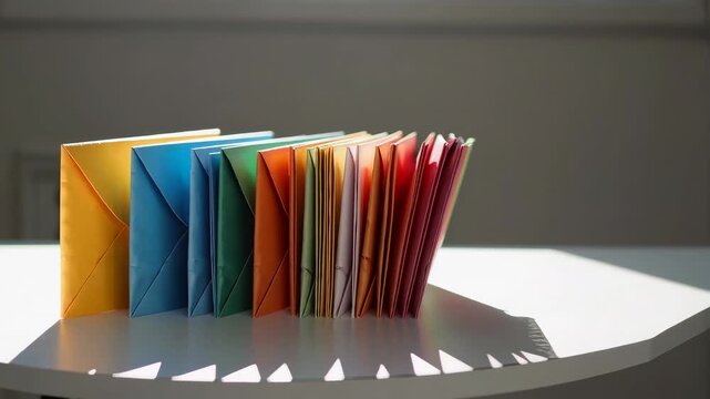 Colorful stack of envelopes standing upright in sunlight on white table, minimalist vibrant postal concept evoking communication, messages, paper goods, and bright stationary art