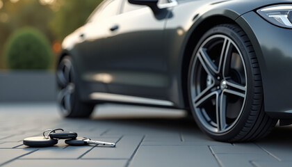 Car Keys on the Ground, Luxury Sedan in Focus, Urban Driveway, Photo, Modern Environment, Low Angle, Automotive Lifestyle