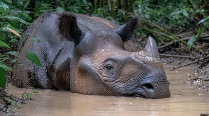 Naklejka premium Rhinoceros in muddy water