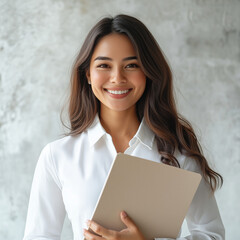 Obraz premium A businesswoman is smiling while holding a budget folder.