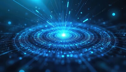 Abstract blue digital vortex with glowing light energy bursts emanating outwards. Complex circular patterns with small particles suggest technology, space, and futuristic science concepts.