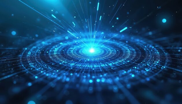 Abstract blue digital vortex with glowing light energy bursts emanating outwards. Complex circular patterns with small particles suggest technology, space, and futuristic science concepts.