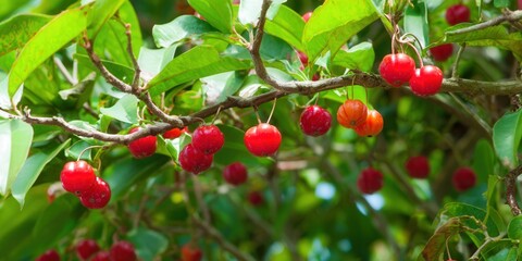 Obraz premium Vibrant acerola cherries hanging from a tree branch, a burst of tropical color.