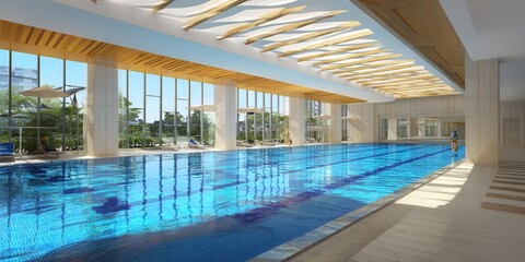Obraz premium The image showcases a beautifully designed indoor swimming pool with ample natural light and an inviting atmosphere.