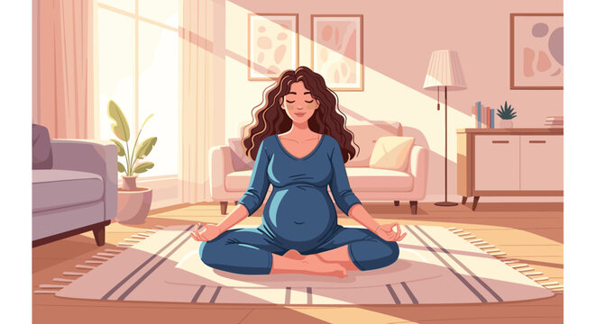 Pregnant woman meditating peacefully at home in a calm serene environment, focusing on well-being