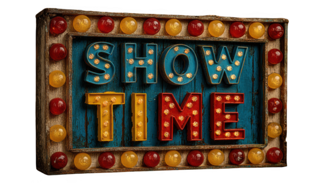 A vintage marquee sign displaying show time with colorful illuminated bulbs, isolated on a transparent background