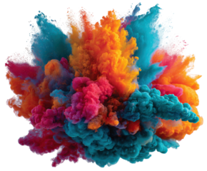 Explosive colorful smoke burst studio digital art vibrant close-up. Isolated on transparent background, png.