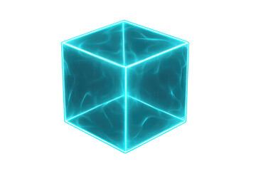Turquoise cube with glowing edges rotating slowly on a transparent background, perfect for visual effects and motion graphics