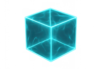 Turquoise cube with glowing edges rotating slowly on a transparent background, perfect for visual effects and motion graphics