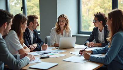 Business Meeting, Team Collaboration, Conference Room, Photo, Professional Environment, Close-Up View, Productive Discussion