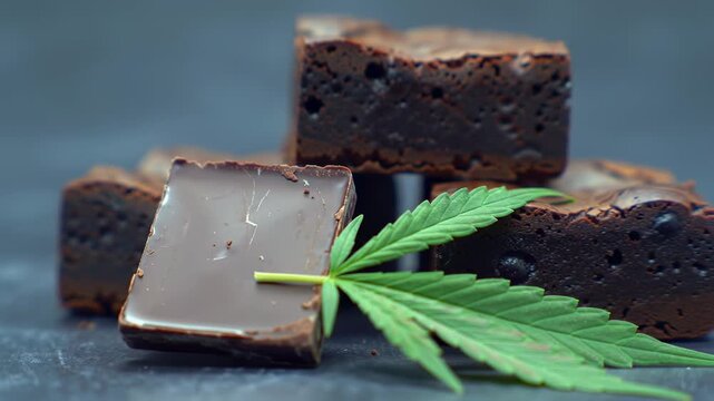 Chocolate brownies with a cannabis leaf