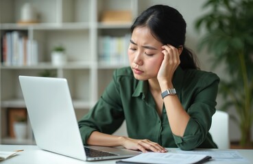 Young Asian businesswoman experiences headache, exhaustion working late on laptop in modern office. Overwhelmed by workload, deadlines, stress, feels frustrated, fatigued, reflecting burnout.