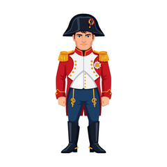 Full-body illustration of a man dressed in a historical military uniform with a bicorne hat, standing against a white background.