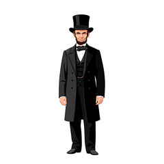 Full-length illustration of Abraham Lincoln wearing a top hat, suit, and bow tie, standing against a white background.