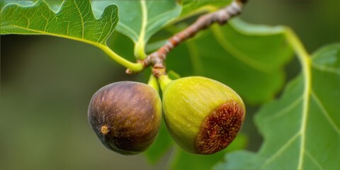 Two figs, one ripe and one unripe, hang on a branch, surrounded by lush green leaves.