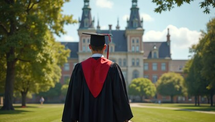 Young man in graduation cap, gown walks across green lawn toward university building. Red stole signifies academic achievement. Represents education end, career start, postgraduate program abroad,