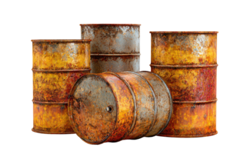 Rusty metal drums in a warehouse industrial environment close-up. Isolated on transparent background, png.