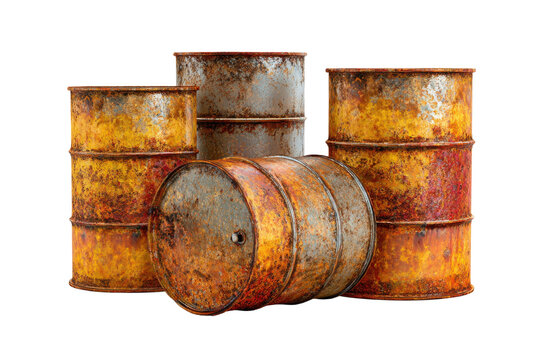 Rusty metal drums in a warehouse industrial environment close-up. Isolated on transparent background, png.
