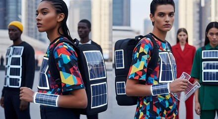 Models showcase solar panel apparel in an urban setting, wearing backpacks and vests with integrated solar technology.