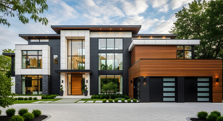 Fototapeta premium Contemporary Luxury Home with Wood Accents and Modern Elegance at Dusk