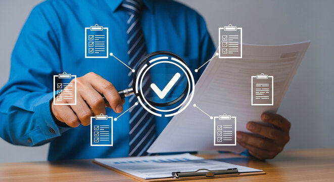 A person inspecting documents with a magnifying glass and checklist icons around the documents