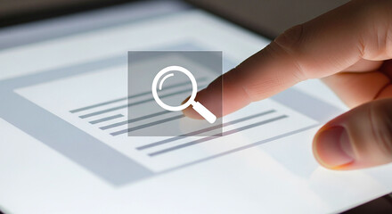A finger touching a tablet with a magnifying glass icon over lines of text on the screen display device