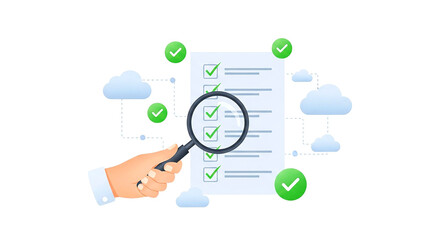 Fototapeta premium Hand holding magnifying glass over checklist with check marks and cloud connections design