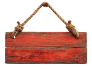 Rustic red wooden sign hanging studio image isolated close-up. Isolated on transparent background, png.