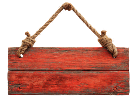 Rustic red wooden sign hanging studio image isolated close-up. Isolated on transparent background, png.