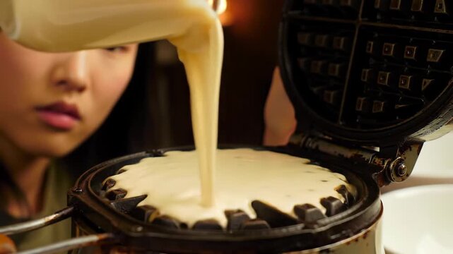 Pouring batter into a waffle iron, preparing breakfast treat.