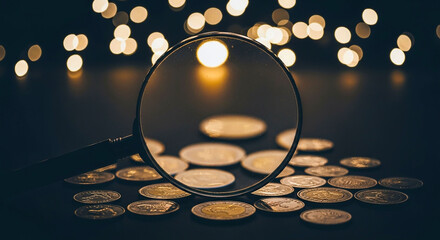 A magnifying glass over a pile of coins on a dark surface with blurred lights in the background