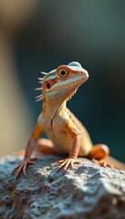 Obraz premium Macro shot of vibrant reptile lizard perched on textured rock. Exotic creature displays colorful skin pattern with spiky crest. Natural wildlife detail captured against abstract dark background, full
