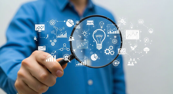 A hand holding a magnifying glass over a lightbulb and various business related data visualizations