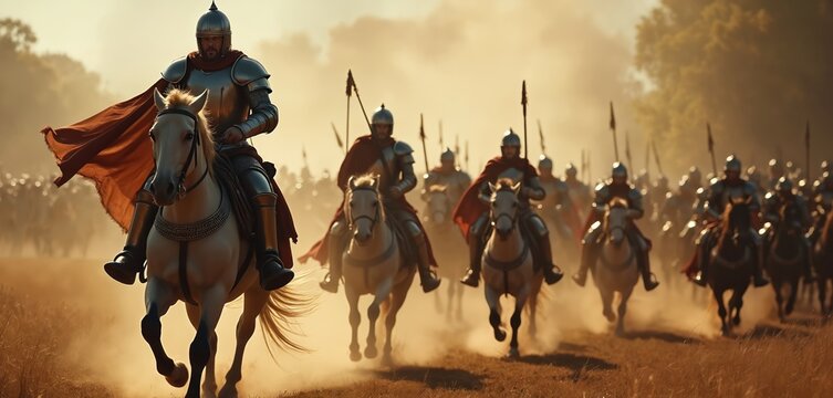 Valiant medieval knights lead horseback warriors in dramatic charge across dusty field. Knights in full armor with red capes ride powerful horses, weapons raised. Epic battle scene evokes motion,