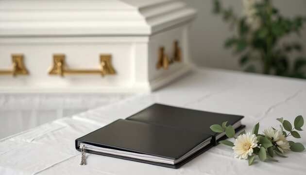 Solemn memorial scene with white coffin, guestbook on table draped with white cloth, delicate white flowers with green leaves. Setup evokes remembrance, sympathy for funeral memorial service,