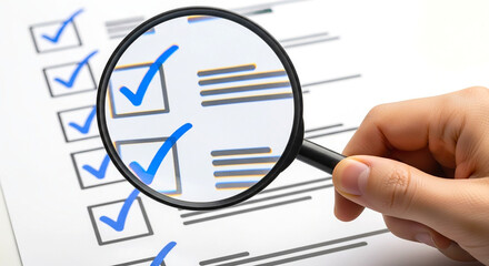 A hand holding a magnifying glass over a checklist with blue check marks on a white background paper sheet