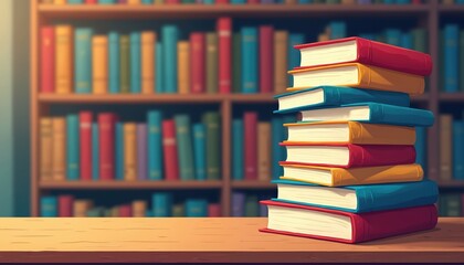 Colorful stack of books on table, set against blurred bookshelf background. Features red, yellow, blue book covers. Captures themes of reading, education, learning. Ideal for illustrating library