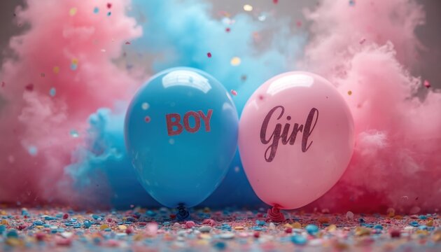 Festive gender reveal party features blue Boy, pink Girl balloons in clouds of pink, blue smoke. Colorful confetti scatters across ground, creating joyful atmosphere for baby announcement celebration.