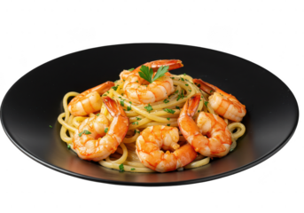 Delicious shrimp scampi pasta dish presented on a round plate with a simple garnish on top on transparent background