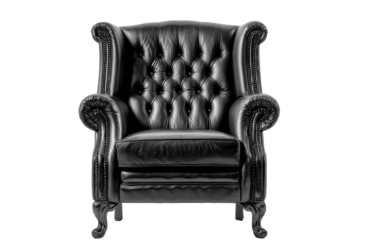 Stylish black leather armchair for contemporary living rooms. Isolated on transparent background, png.