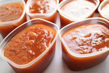 Homemade apricot preserve with fruit chunks in transparent plastic containers. Close-up view of...