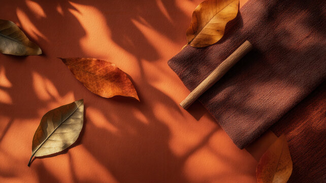 Autumnal natural arrangement with copy space. Burnt orange, deep olive, warm brown tones. Earthy shadows and tactile textures. Social media background or color therapy concept.
