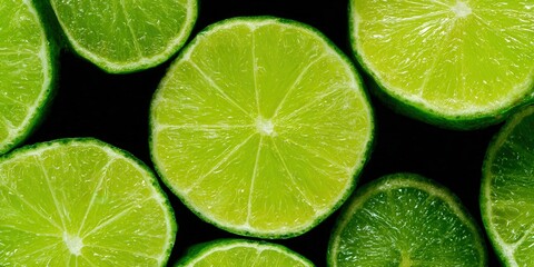Freshly sliced limes arranged against a solid black backdrop, showcasing the vibrant green citrus fruit.