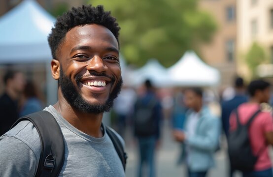 Young Black man smiles widely at university career fair. Students connect with employers exploring internship opportunities at campus event. Pro engagement with industry, recruitment, talent