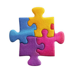 Four colorful textured puzzle pieces interconnected symbolizing unity and teamwork isolated on transparent background