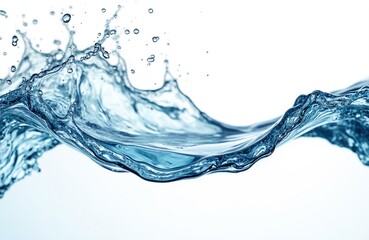 Dynamic water splash isolated on white. Clear liquid wave crests, creating refreshing motion. Pure fluid droplets suspended mid-air, ideal for commercial beverage ads, health, lifestyle promotions.